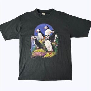 Vintage Puffins Fratercula Arctica Graphic T-Shirt Hewlin UK Black Mens L?